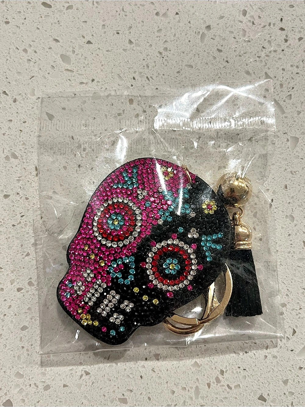 Embellished Sugar Skull Keychain in Black & Pink NWT